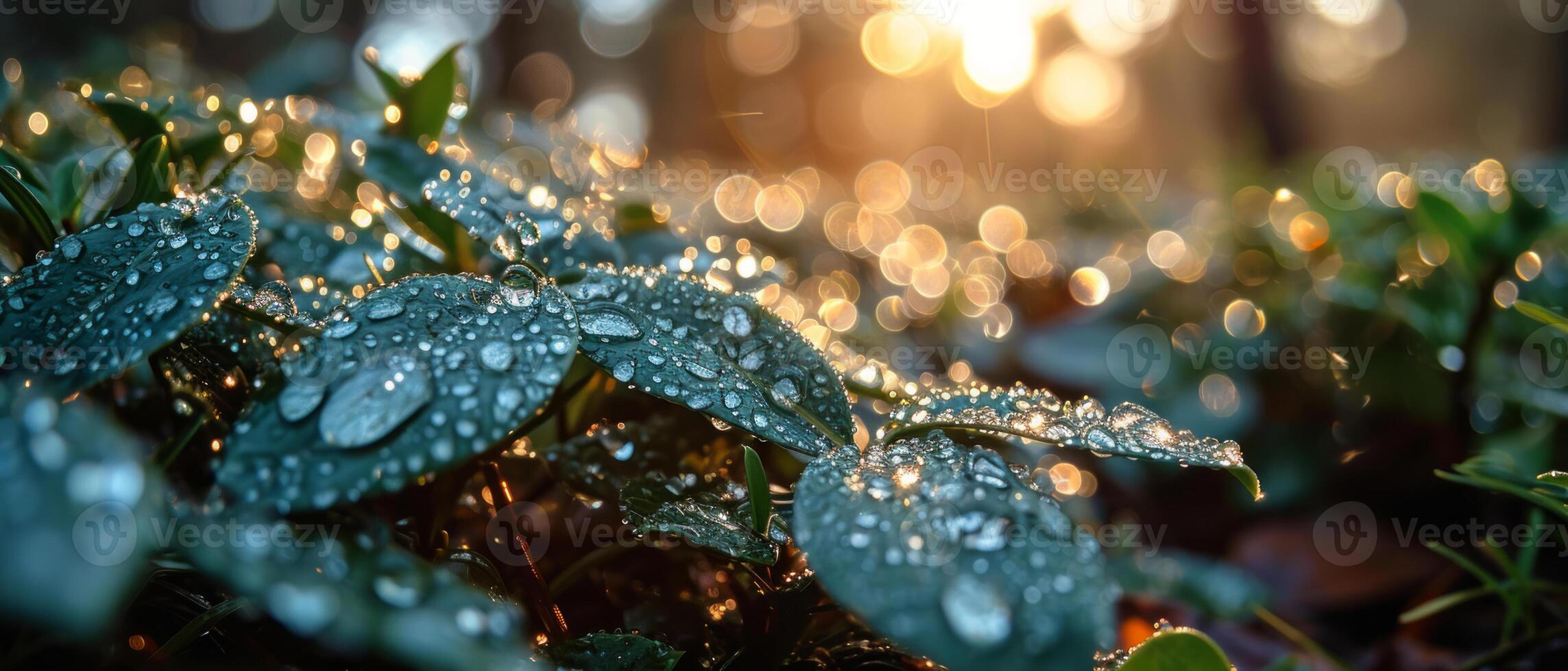 AI generated Early morning dew clings to vibrant green leaves against the backdrop of a sunrise bokeh photo