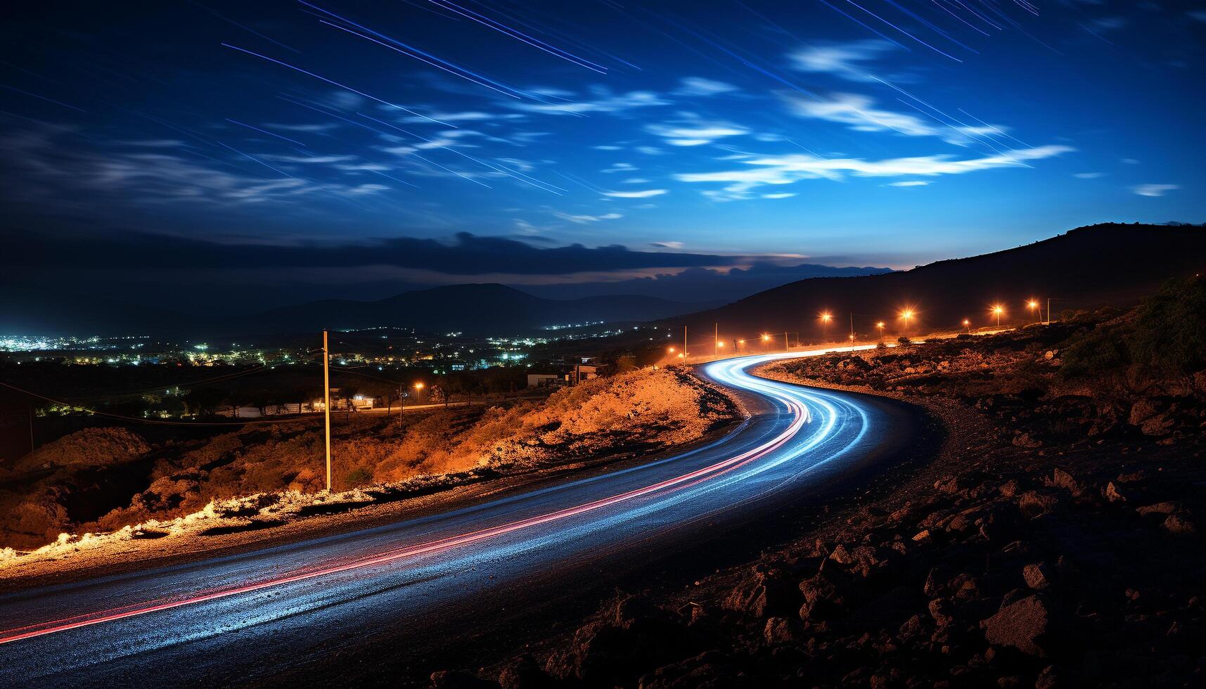 AI generated Blurred motion, dark asphalt, driving towards sunset generated by AI photo