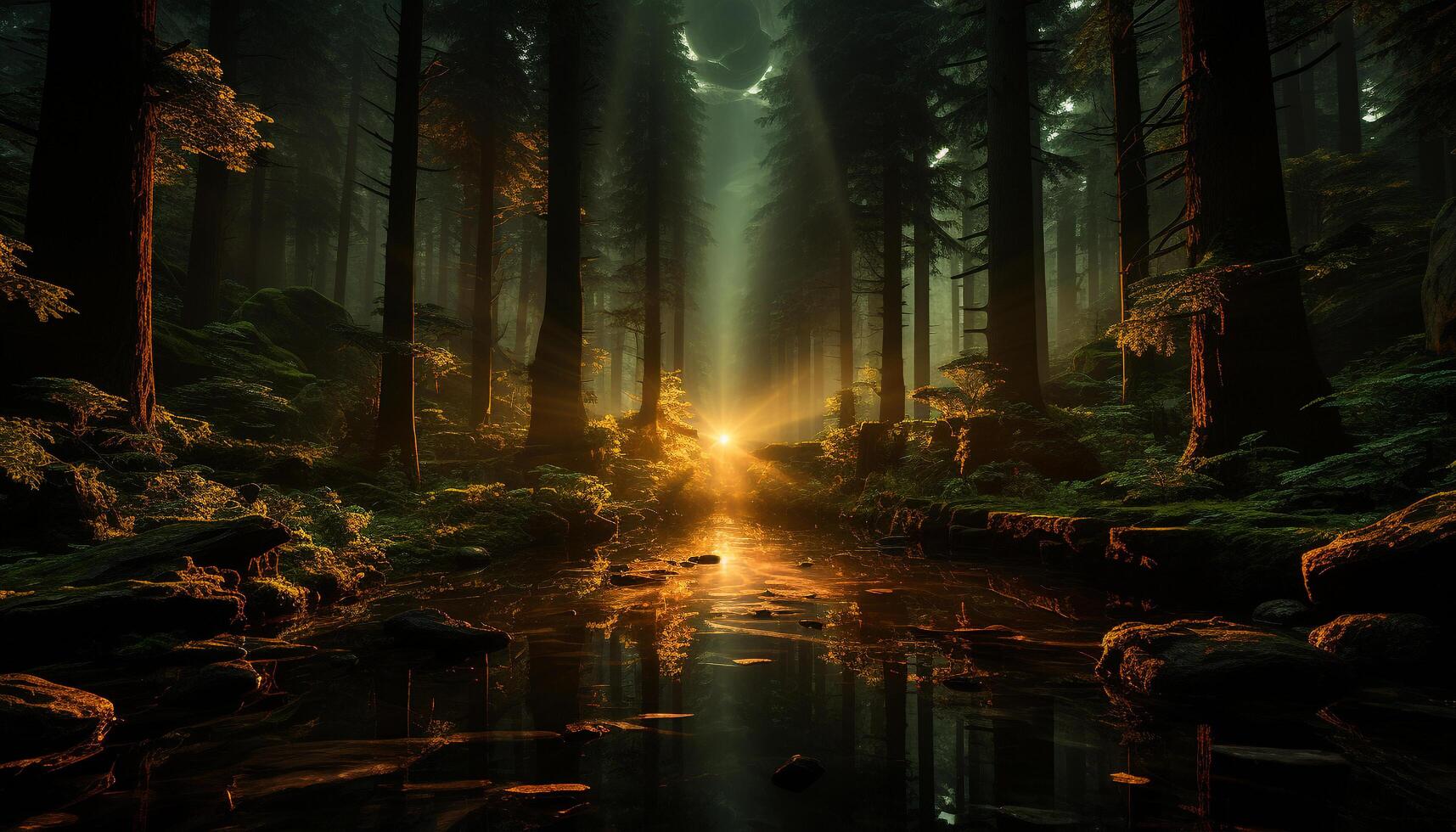AI generated Mysterious autumn forest, foggy and tranquil scene generated by AI photo