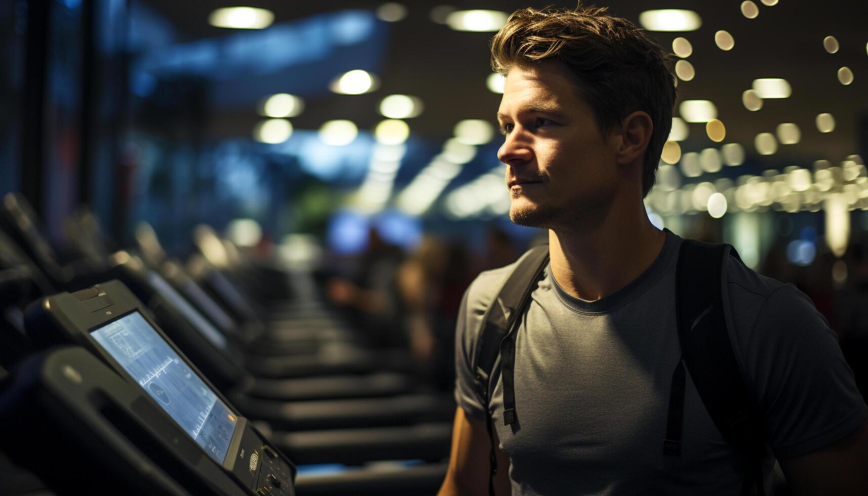 AI generated Young adult male tourist standing, looking at illuminated city generated by AI photo