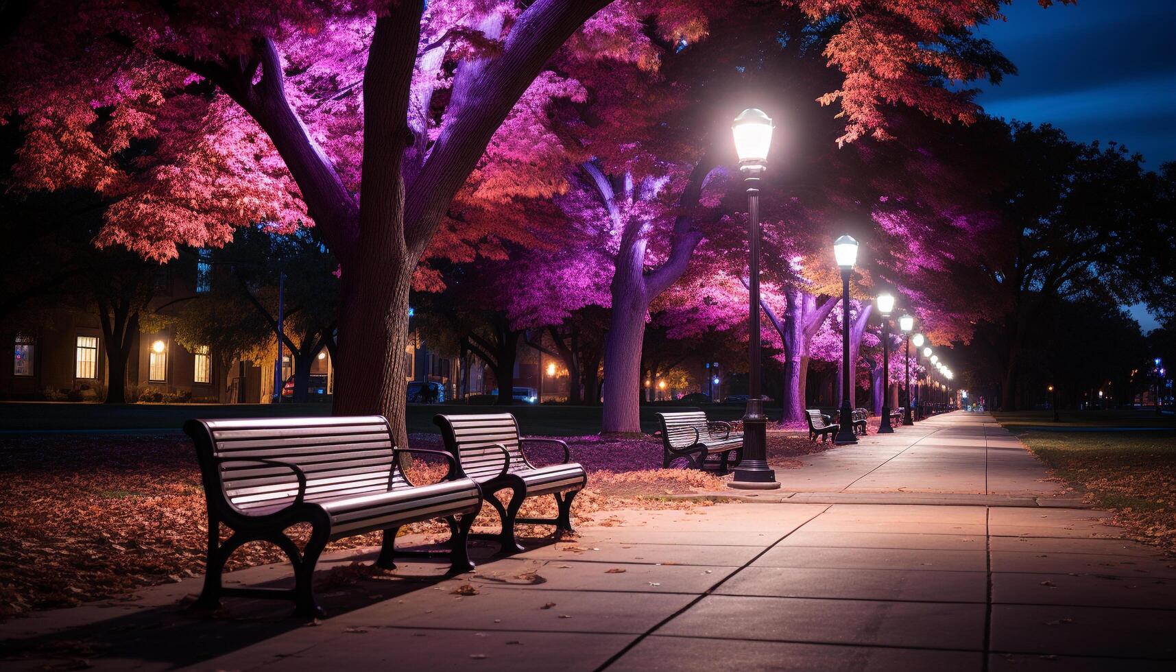 AI generated Illuminated street light shines on tranquil autumn bench generated by AI photo