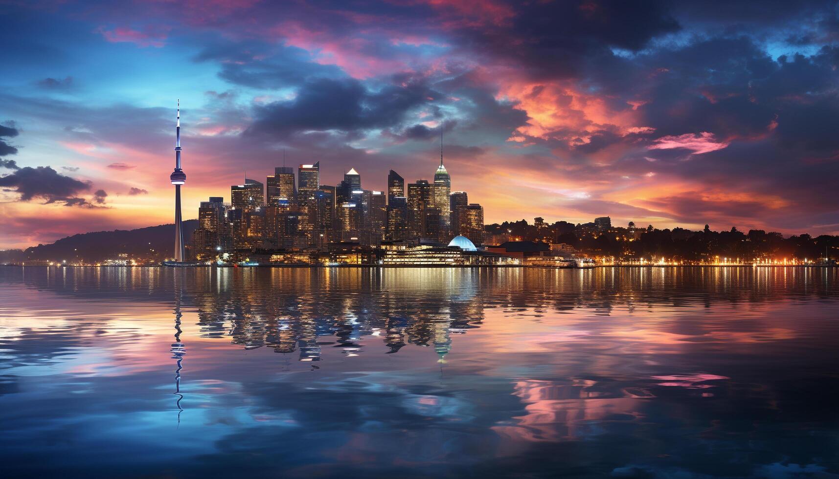 AI generated Reflection of sunset on urban skyline, famous waterfront generated by AI photo