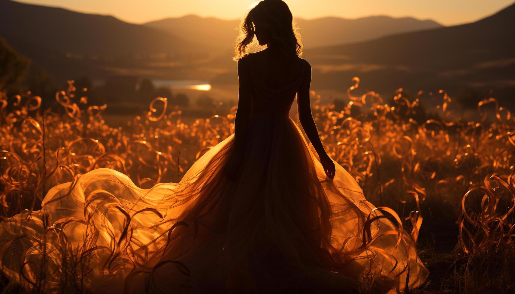 AI generated Young bride enjoys sunset outdoors in her wedding dress generated by AI photo