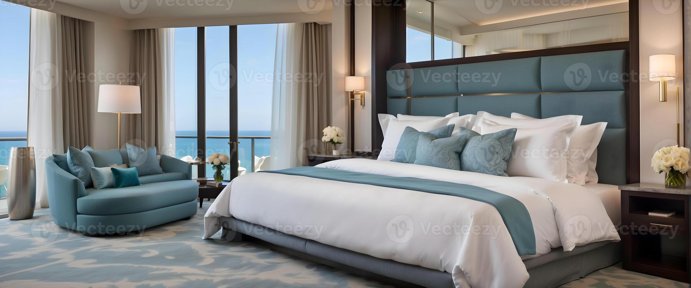 AI generated Modern luxury bedroom hotel interior design concept, background, banner, template photo