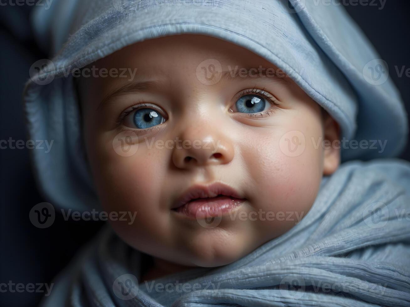 AI generated Cute little New born baby boy blue eyes portrait background, adorable toddler, wallpaper, photo