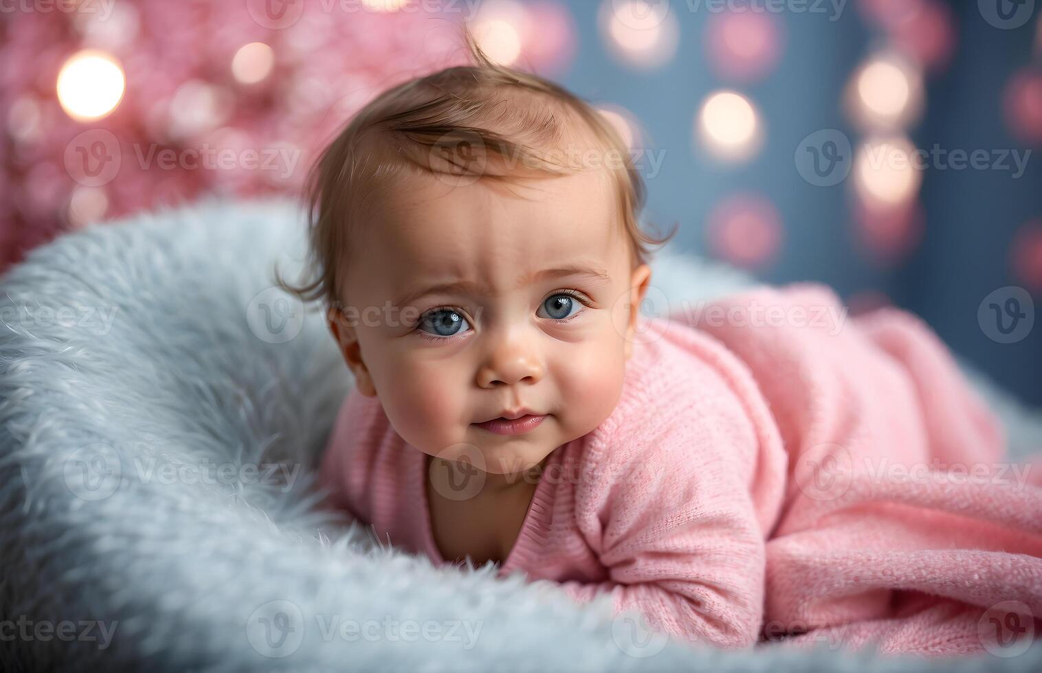 AI generated Cute little New born baby girl in pink portrait background, adorable toddler, wallpaper, photo