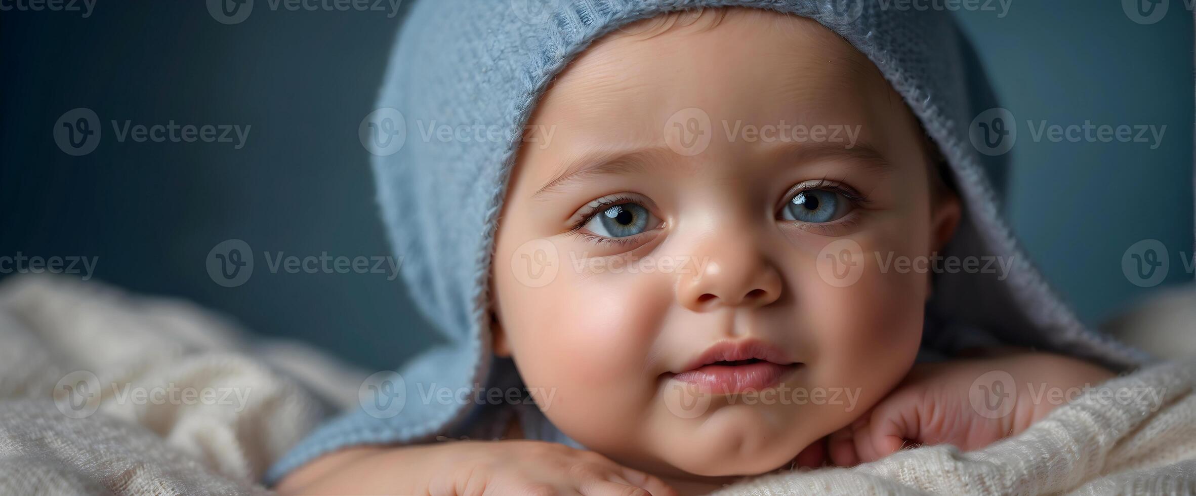 AI generated Cute little New born baby boy blue eyes portrait background, adorable toddler, wallpaper, photo