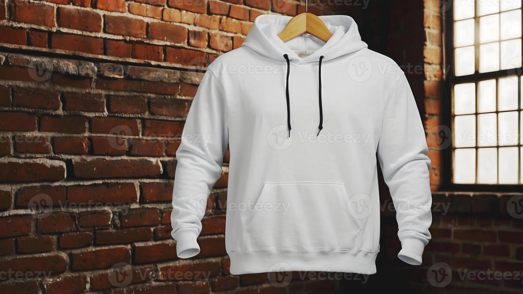 AI generated Blank white hoodie isolated on brick wall, empty hoodie mock up template, fashion and clothing background photo