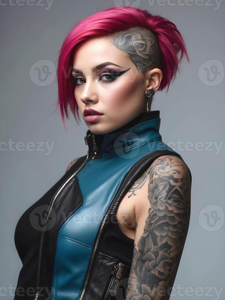 AI generated Portrait of beautiful cyber punk young tattooed woman, futuristic fashion concept photo