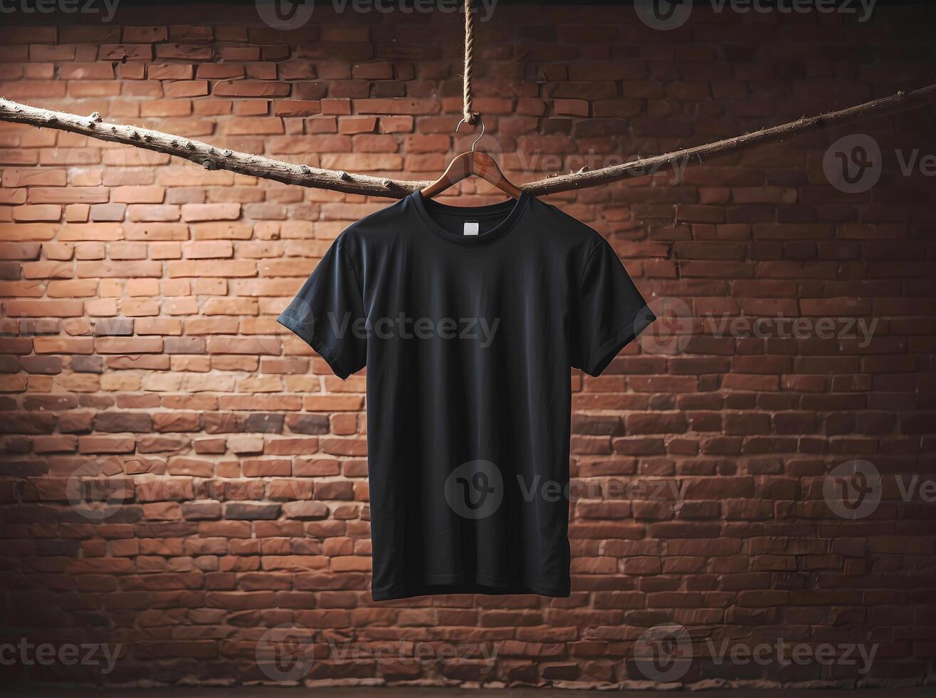 ai generado negro blanco vacío t camisa burlarse de arriba modelo aislado en ladrillo pared fondo, ropa y moda, estilo de vida concepto foto