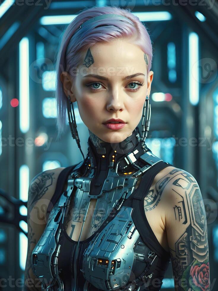 AI generated Portrait of beautiful cyber punk young tattooed woman, futuristic fashion concept photo