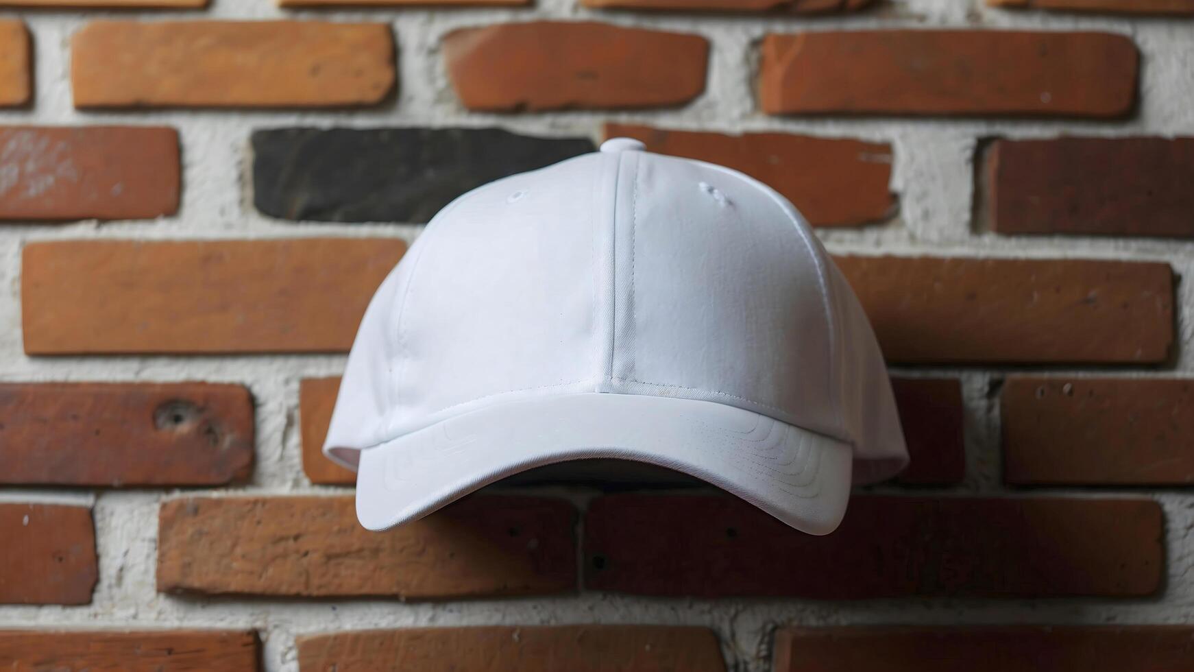 AI generated White blank empty baseball cap Mock up template isolated on brick wall background, clothing and fashion, lifestyle concept photo