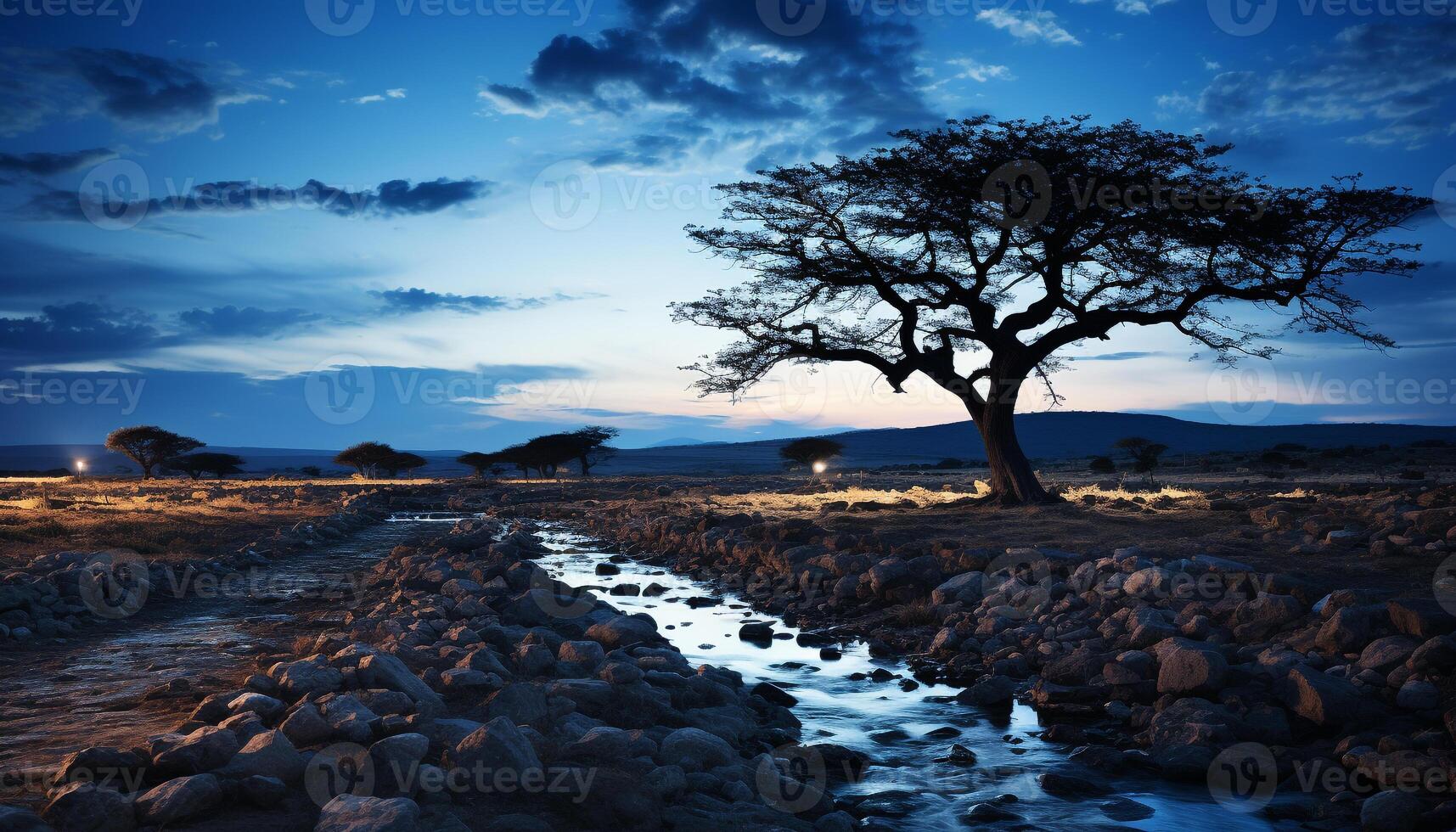 ai generado puesta de sol terminado el africano paisaje, belleza en naturaleza generado por ai foto