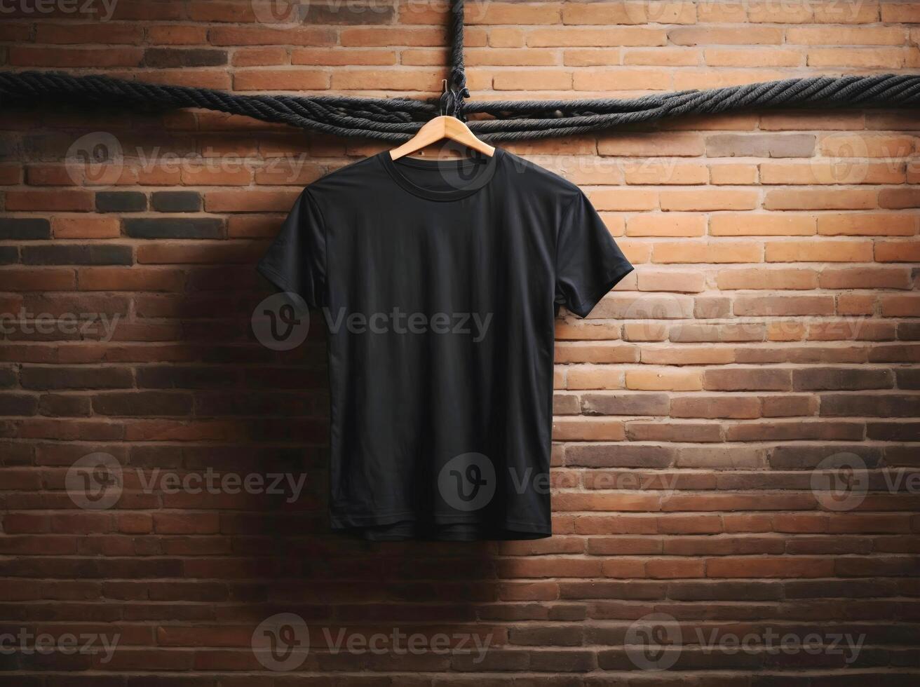 AI generated Black blank empty t shirt Mock up template isolated on brick wall background, clothing and fashion, lifestyle concept photo
