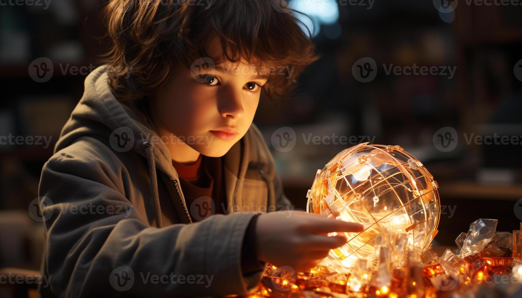 AI generated Smiling boys playing with Christmas decorations indoors generated by AI photo
