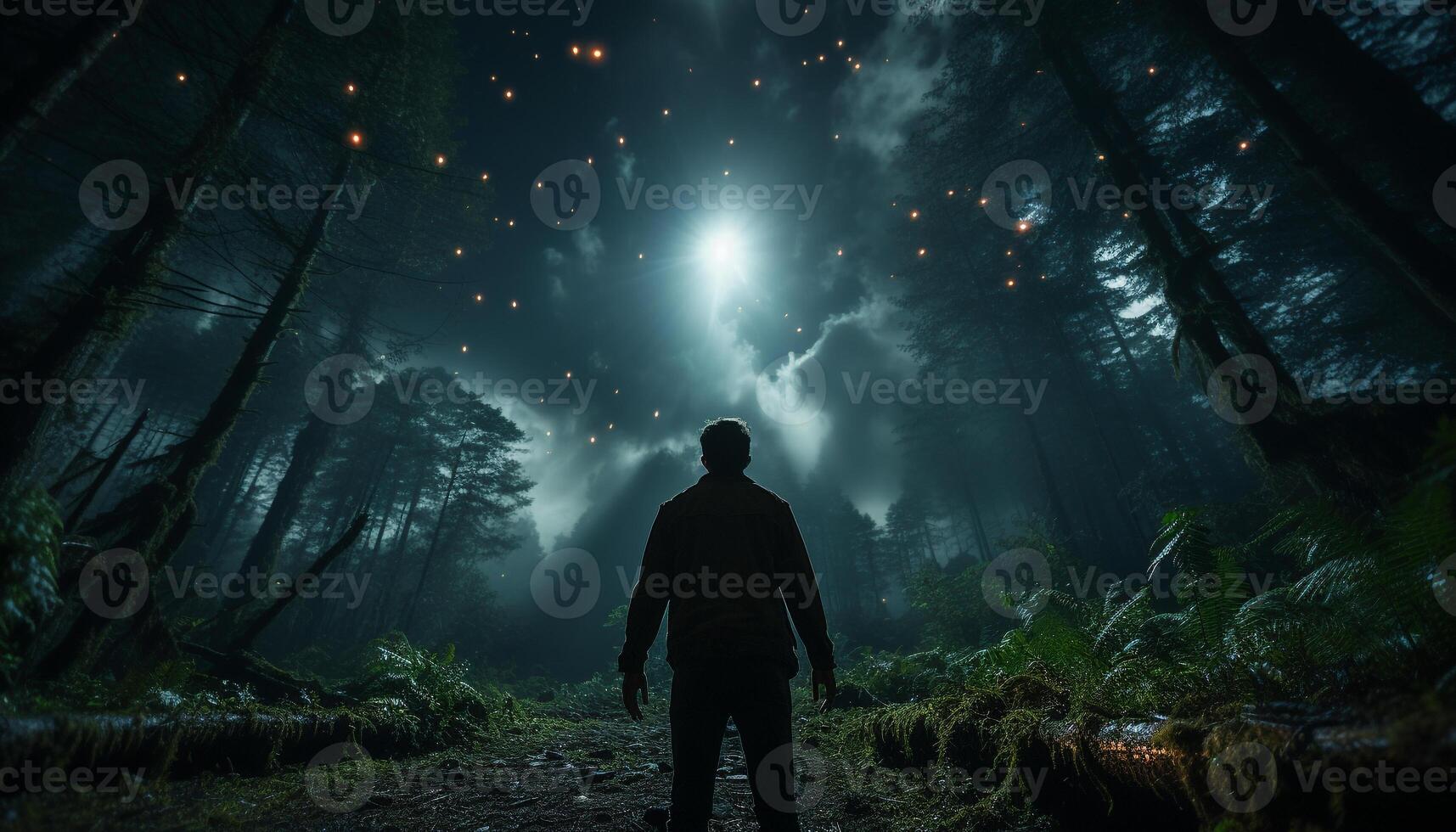 AI generated One person walking in dark forest, spooky generated by AI photo