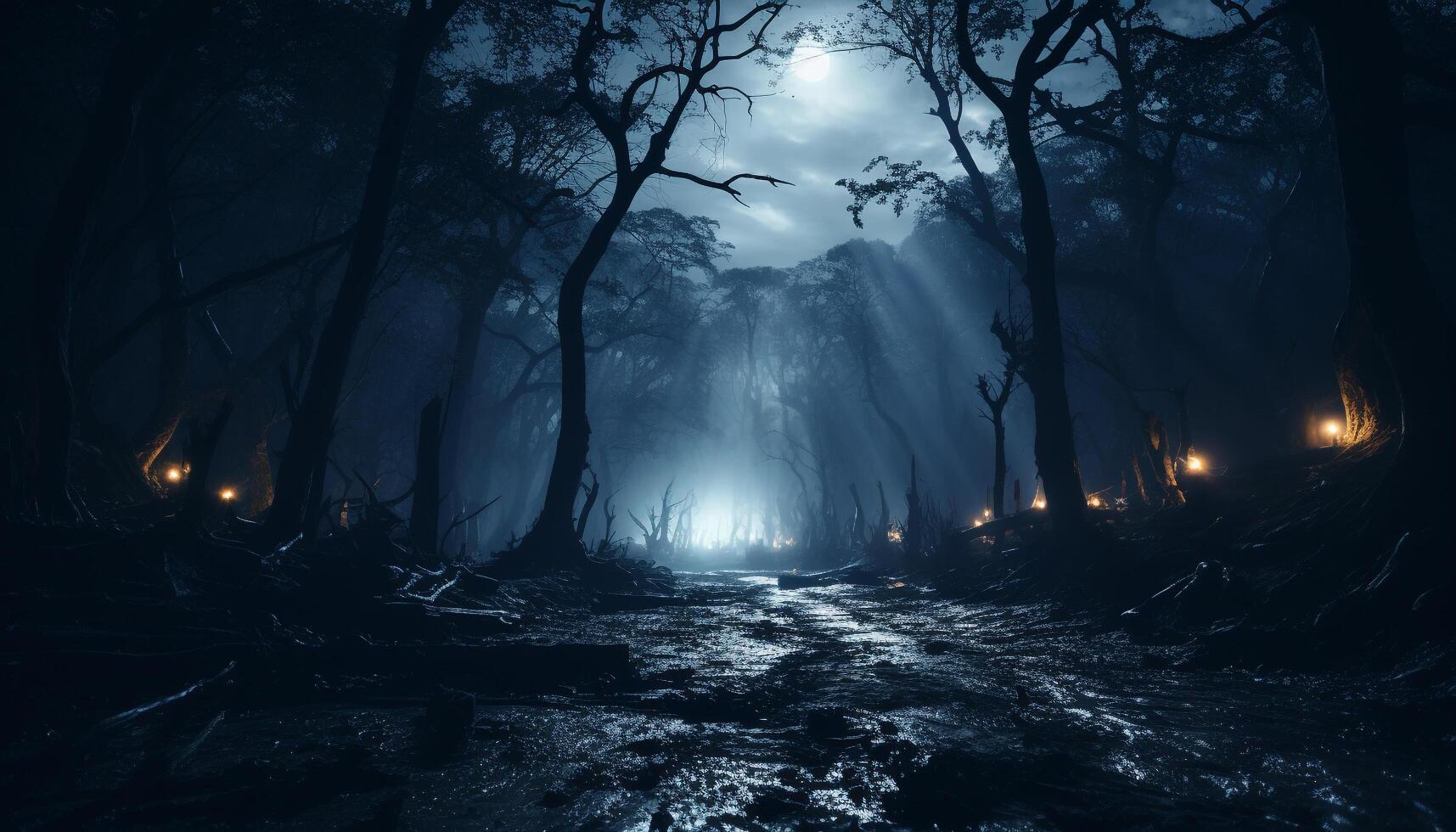 AI generated Spooky tree in dark forest, mystery and horror generated by AI photo