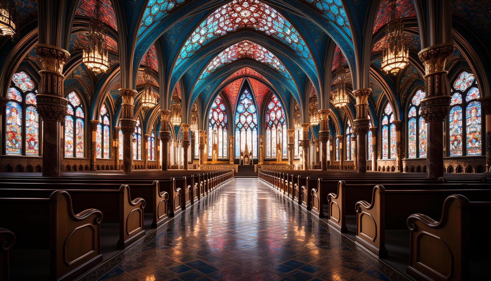 AI generated Gothic architecture illuminates ancient spirituality inside famous basilica generated by AI photo