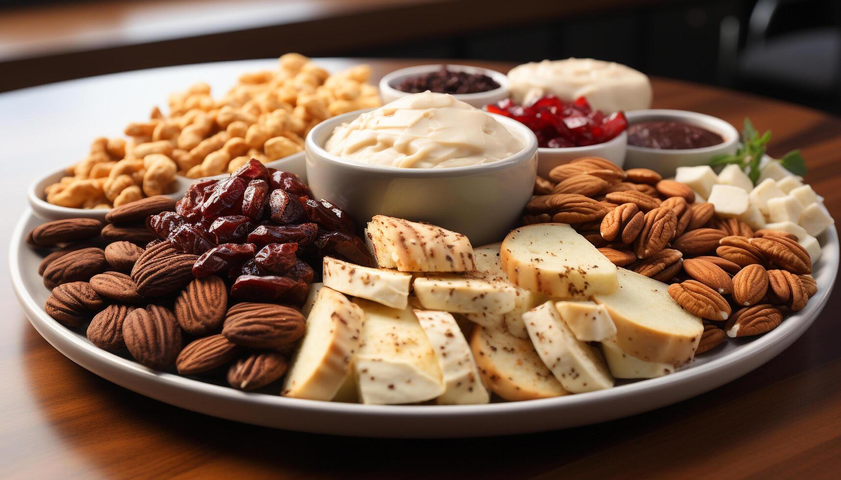 AI generated Freshness and variety on a wooden plate generated by AI photo