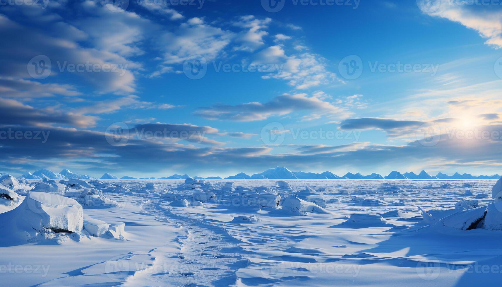 AI generated Blue sky, snowy mountains, frozen lake, winter beauty generated by AI photo