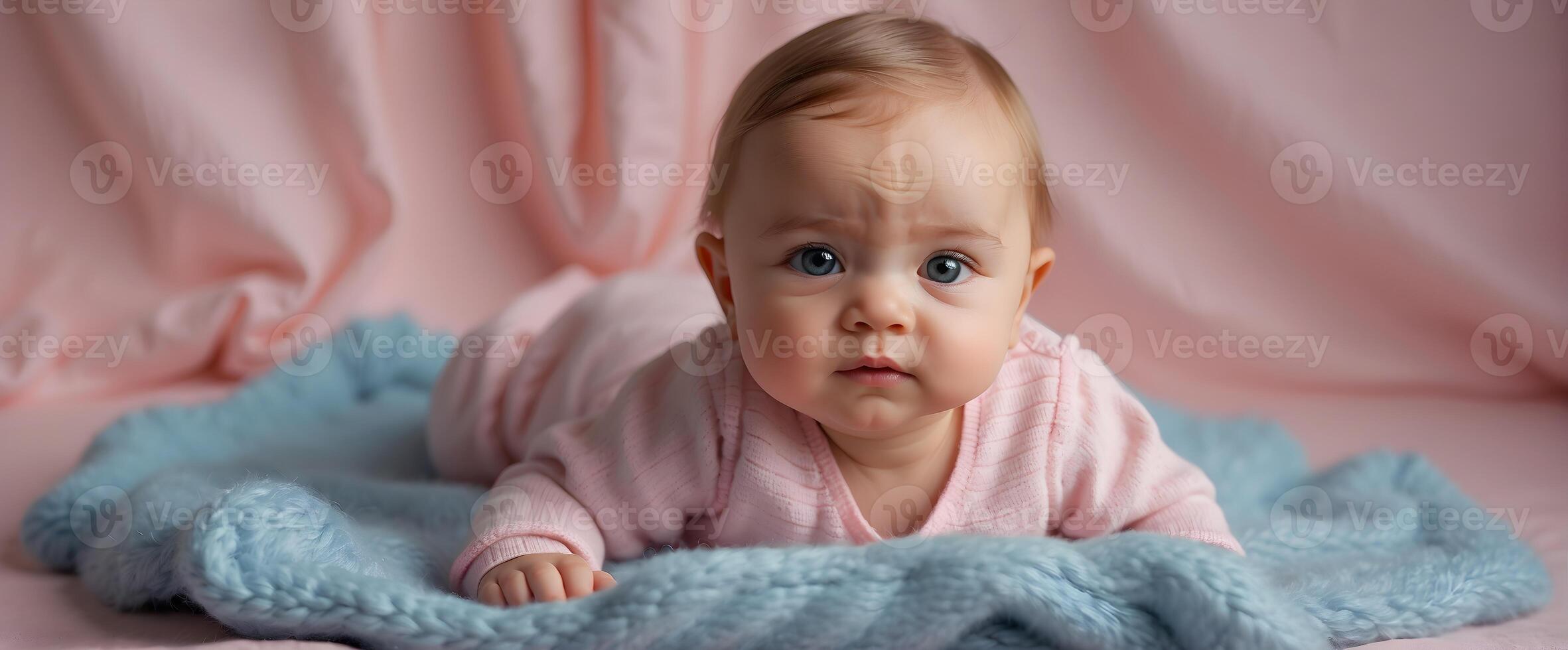 AI generated Cute little New born baby girl in pink portrait background, adorable toddler, wallpaper, photo
