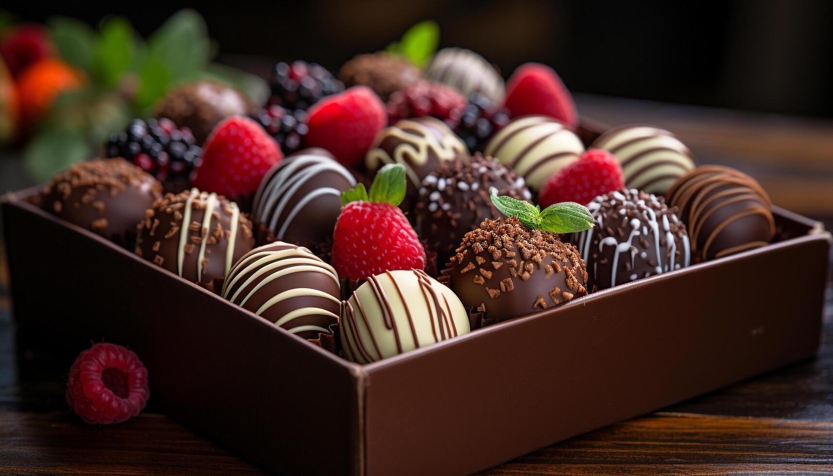 AI generated Gourmet chocolate truffle indulgence with raspberry variation generated by AI photo