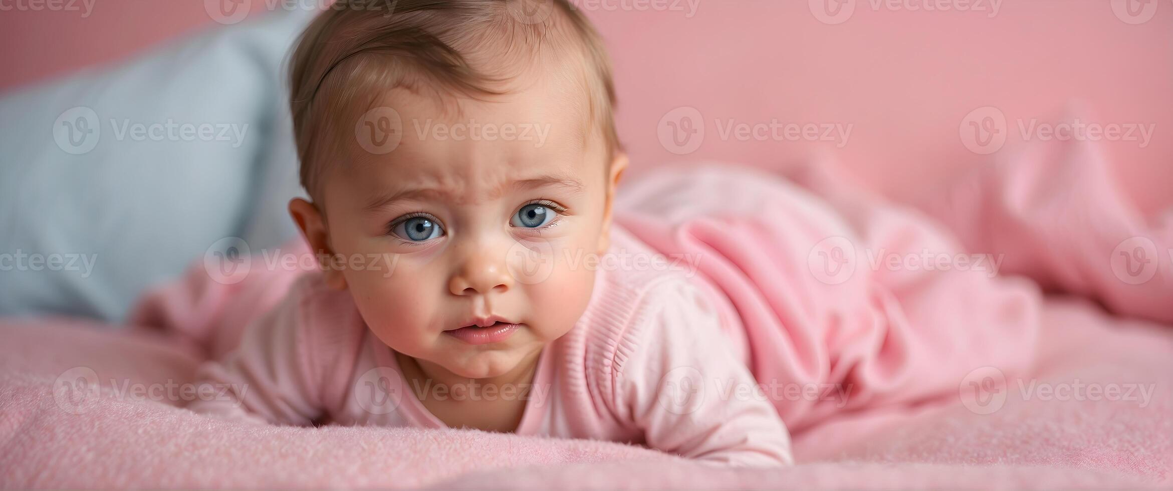 AI generated Cute little New born baby girl in pink portrait background, adorable toddler, wallpaper, photo
