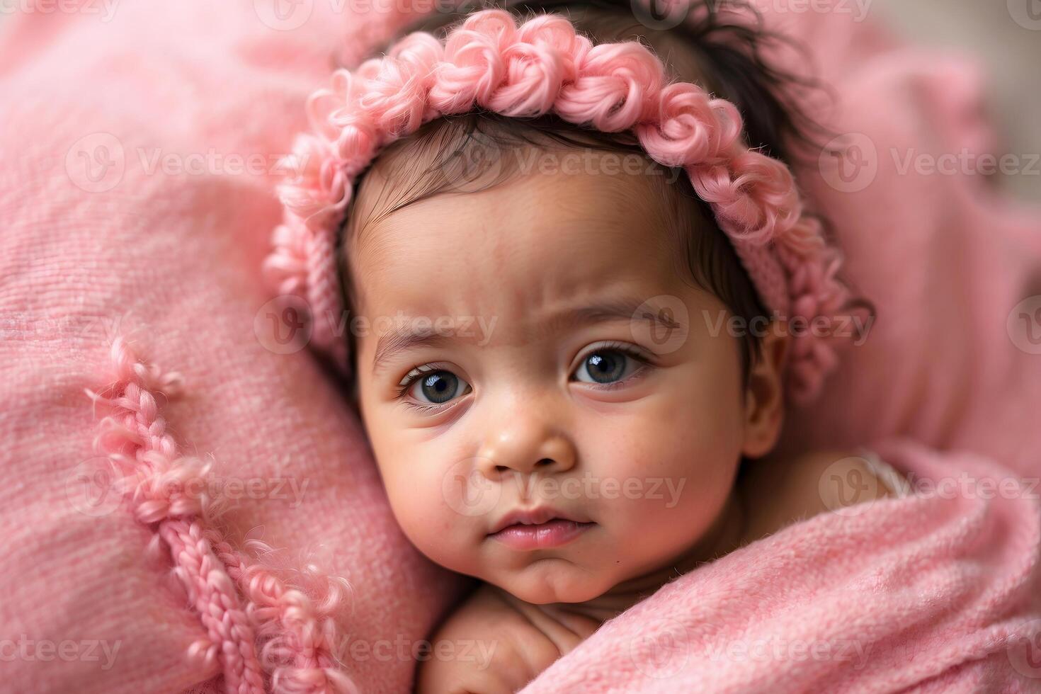 ai generado linda pequeño nuevo nacido bebé niña en rosado retrato fondo, adorable niño pequeño, fondo de pantalla, foto