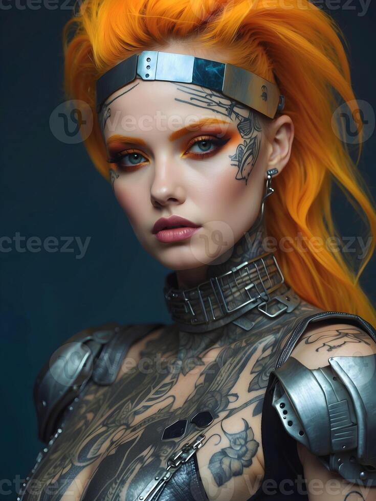 AI generated Portrait of beautiful cyber punk young tattooed woman, futuristic fashion concept photo