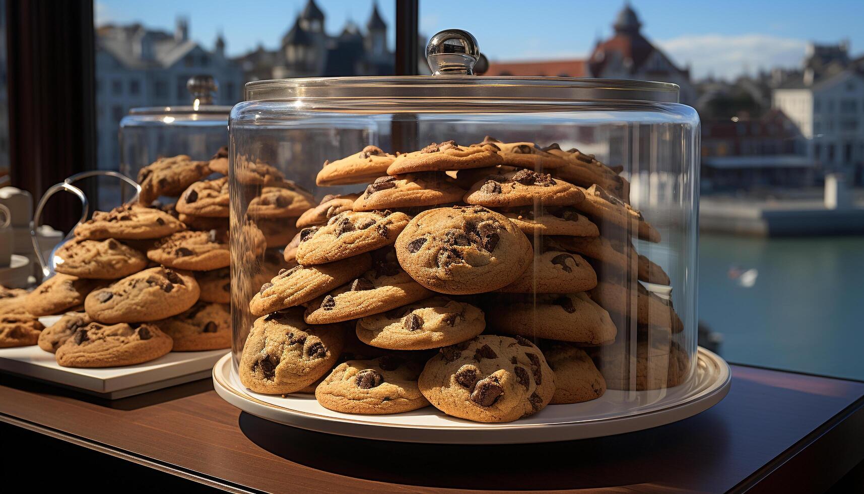 AI generated Stack of homemade chocolate chip cookies on wooden table generated by AI photo