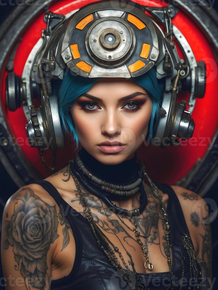 AI generated Portrait of beautiful cyber punk young tattooed woman, futuristic fashion concept photo