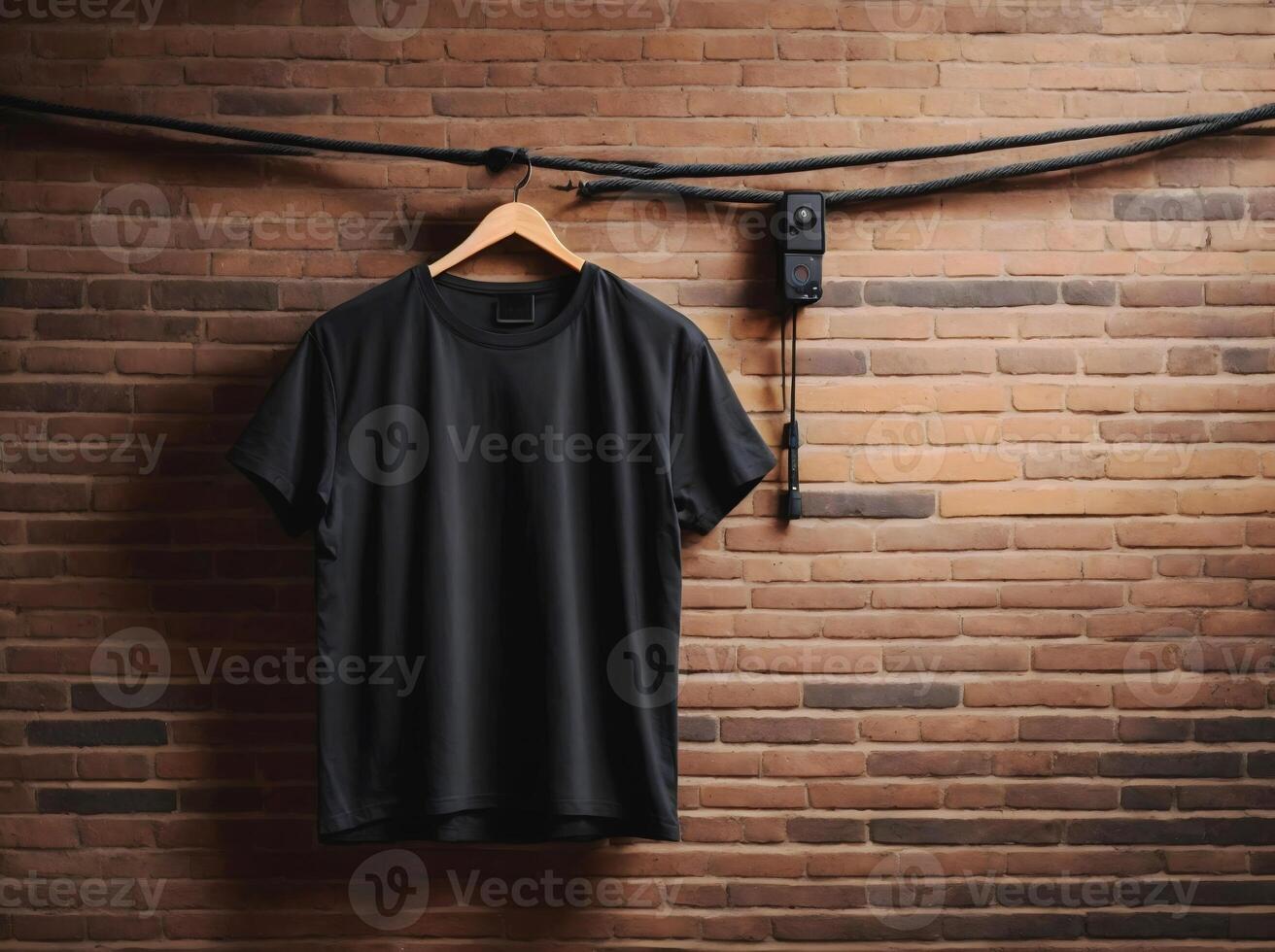 AI generated Black blank empty t shirt Mock up template isolated on brick wall background, clothing and fashion, lifestyle concept photo
