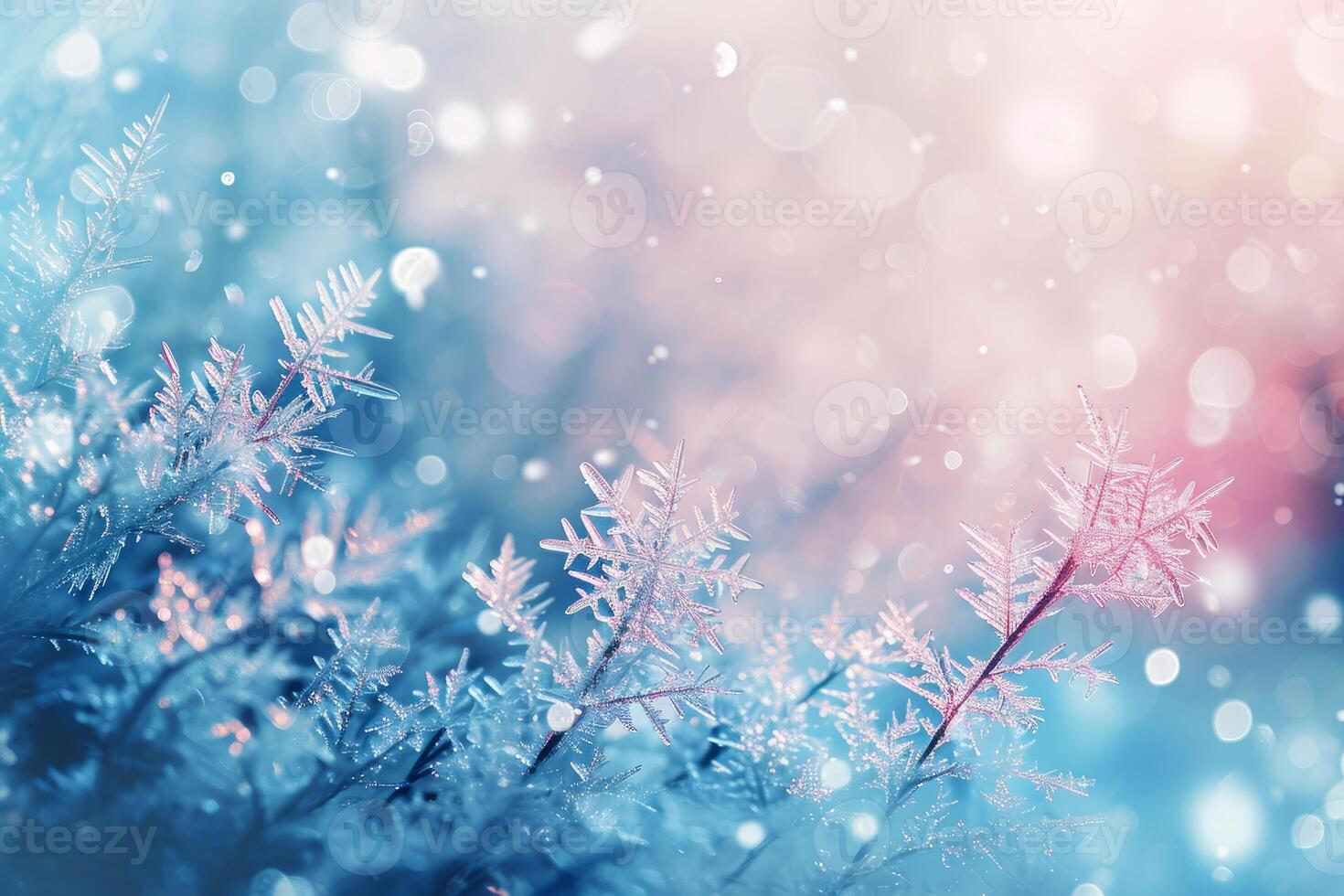 AI generated A detailed view of individual snowflakes against a solid blue backdrop photo