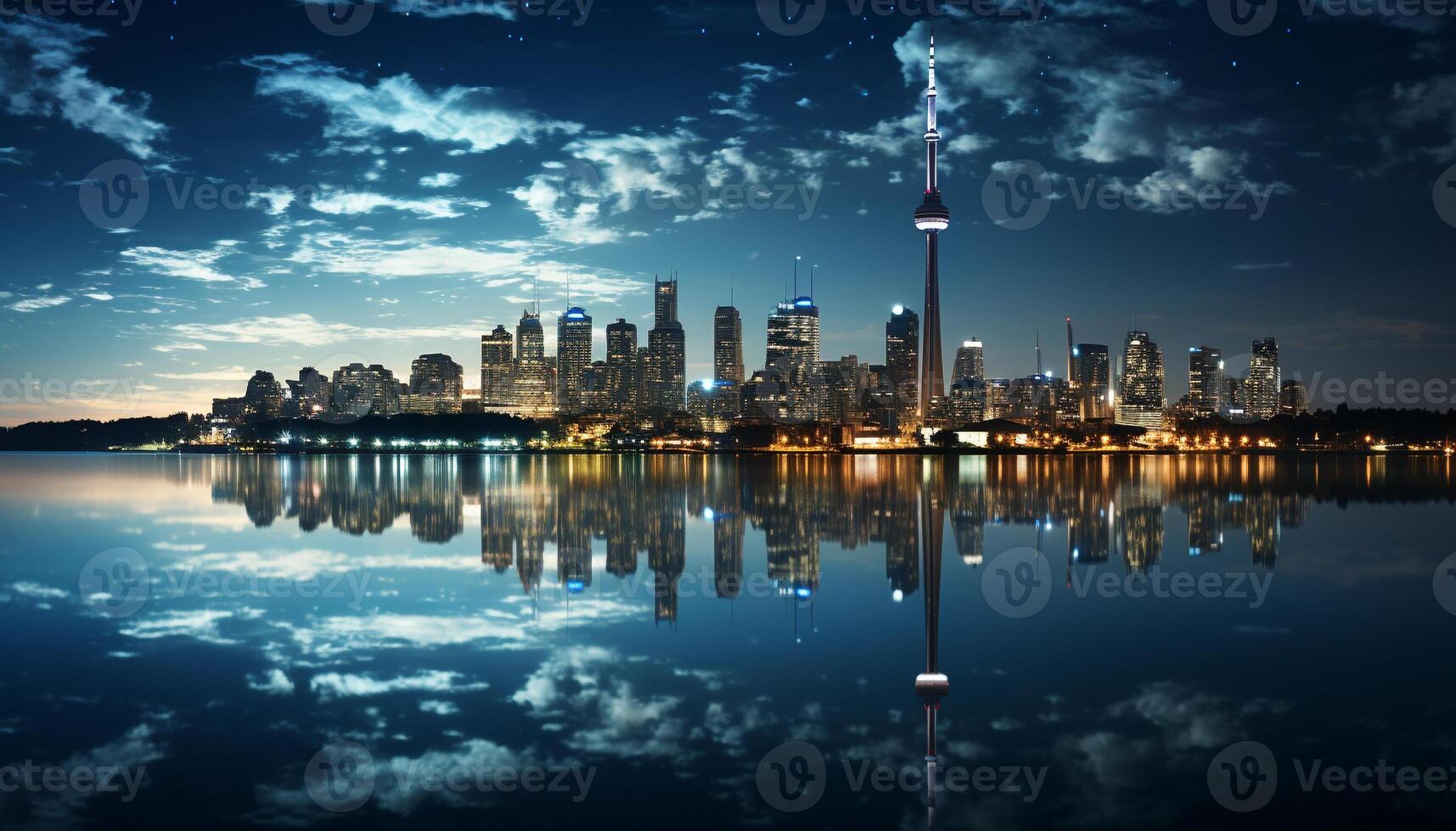 AI generated Skyscrapers reflect in water, cityscape illuminated at dusk generated by AI photo