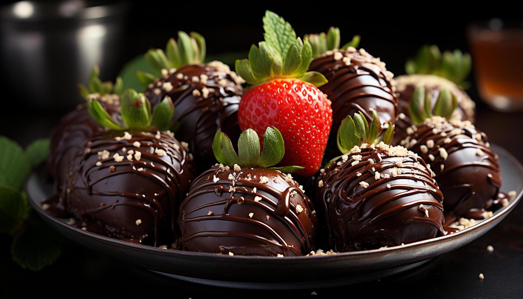 AI generated Chocolate dipped strawberry on a wooden plate generated by AI photo