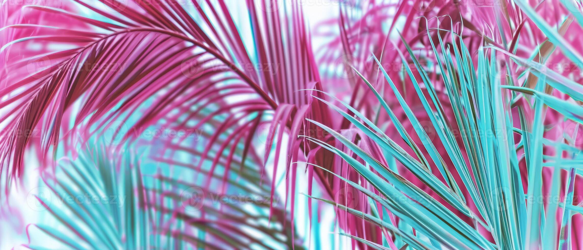 AI generated A detailed view of a palm tree with pink and blue hues photo