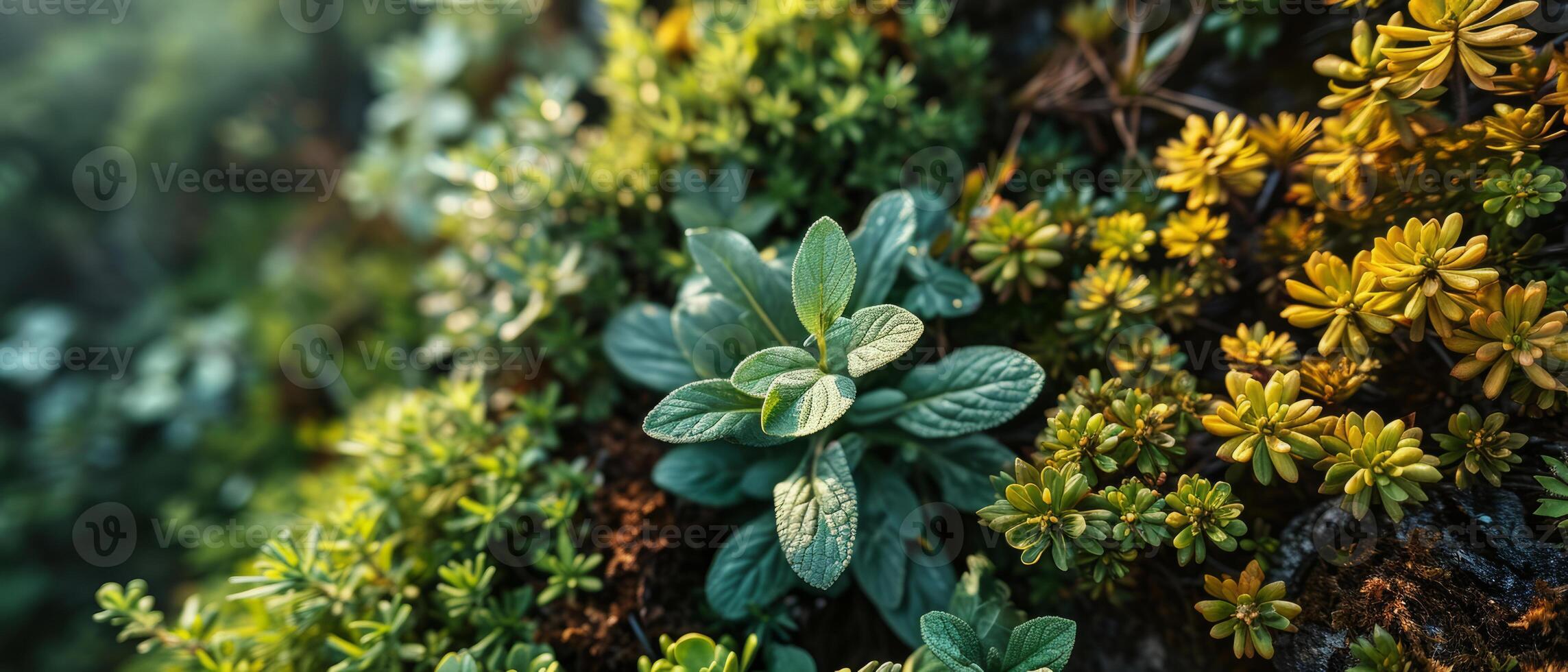 AI generated Close-up view of a diverse array of succulent plants, showcasing their varied textures and green to yellow tones photo