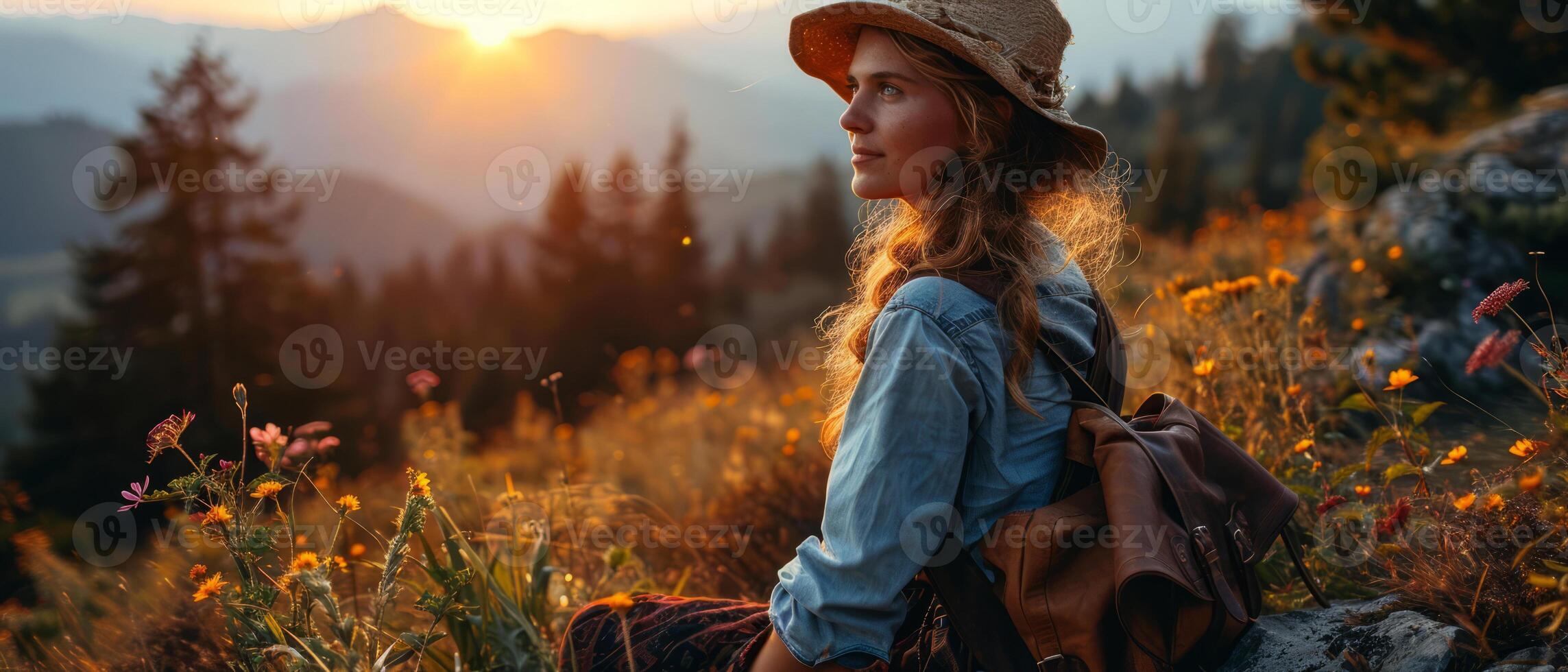 AI generated A contemplative woman in a straw hat rests in a wildflower meadow, enjoying the serene mountain sunset photo