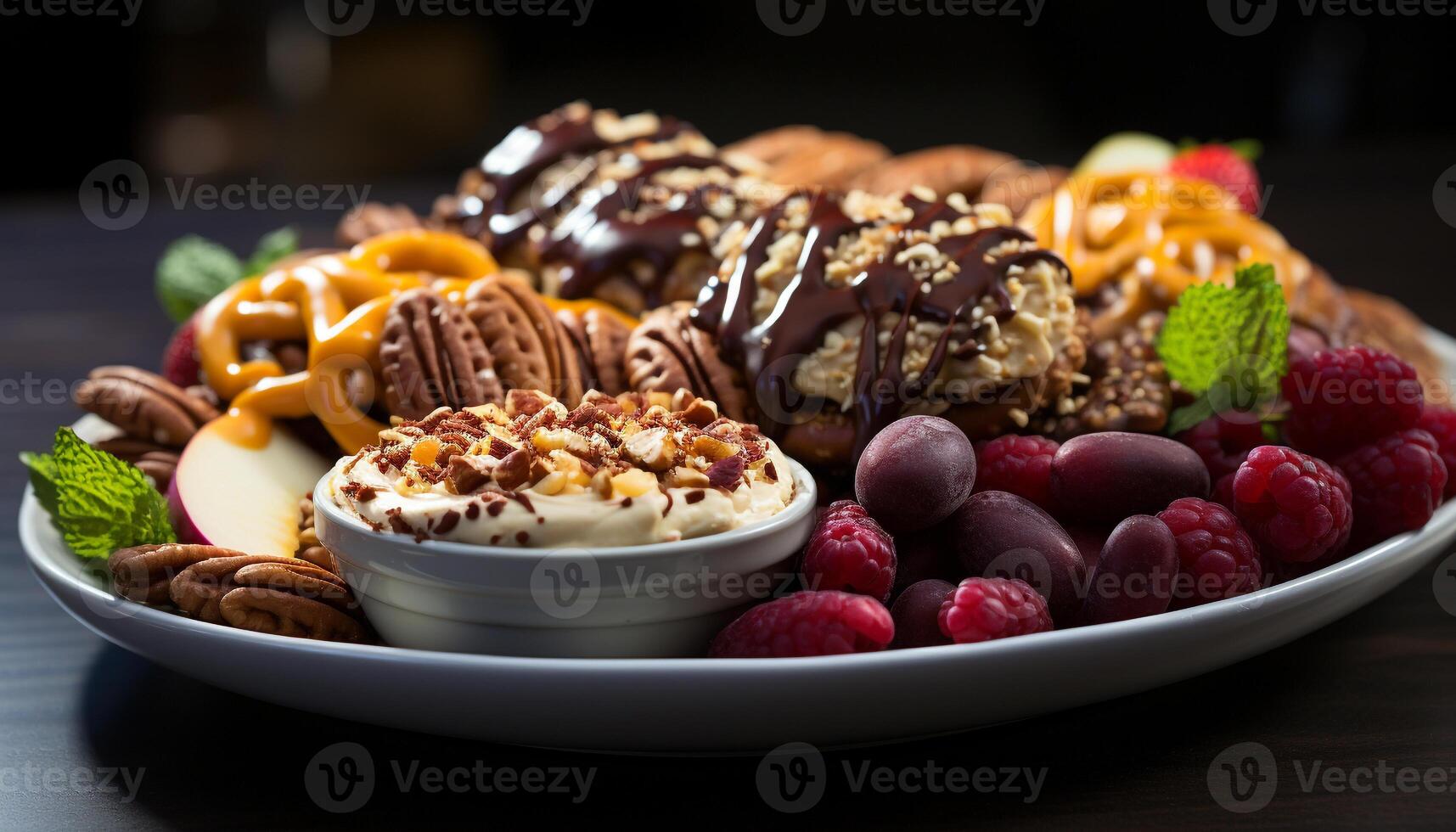 ai generado gastrónomo postre plato con chocolate, fruta, y crema generado por ai foto