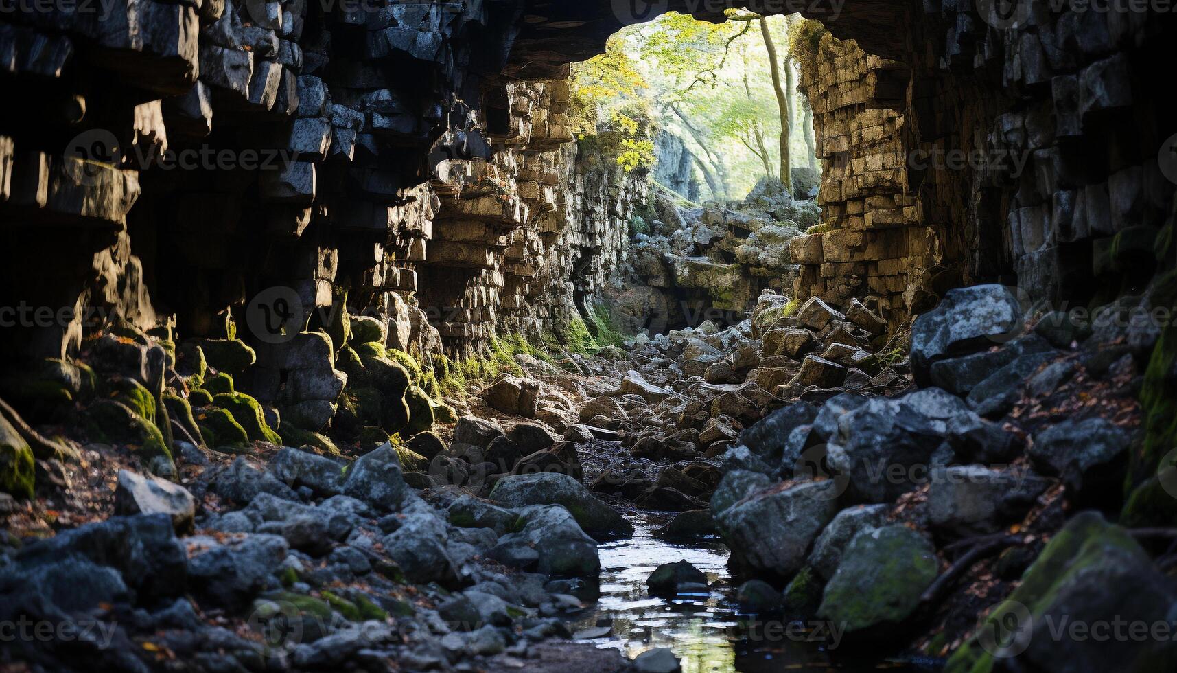 AI generated Ancient stone ruins in lush green forest generated by AI photo