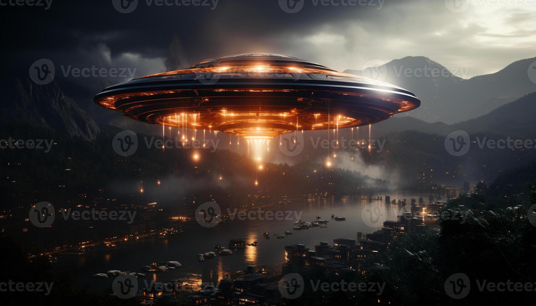 AI generated Futuristic spaceship flying through mysterious alien galaxy generated by AI photo