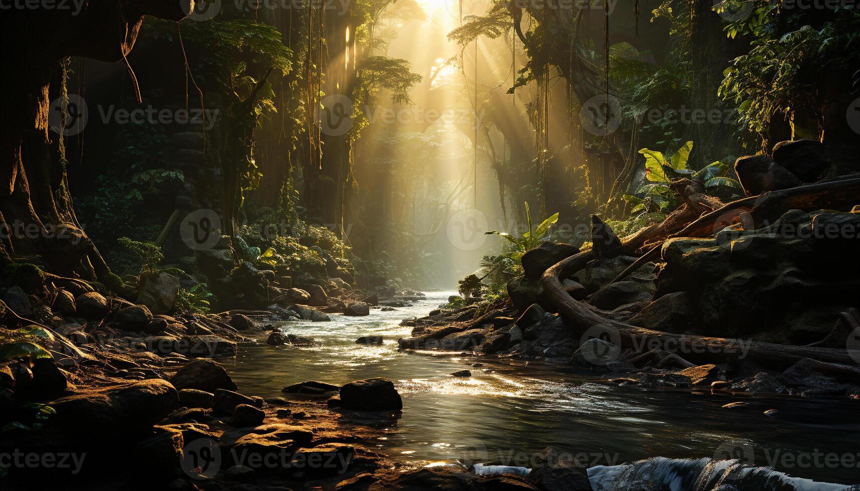 AI generated Tranquil scene of a green forest in autumn generated by AI photo