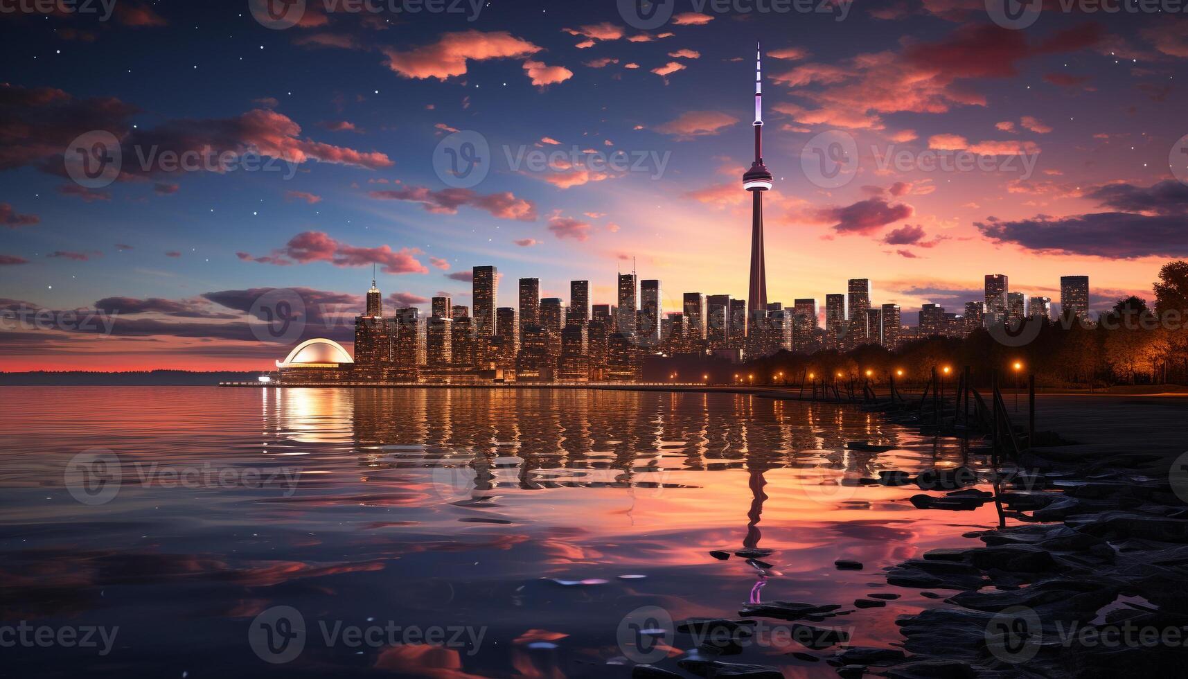 AI generated Cityscape at dusk, skyscrapers reflecting in tranquil water generated by AI photo