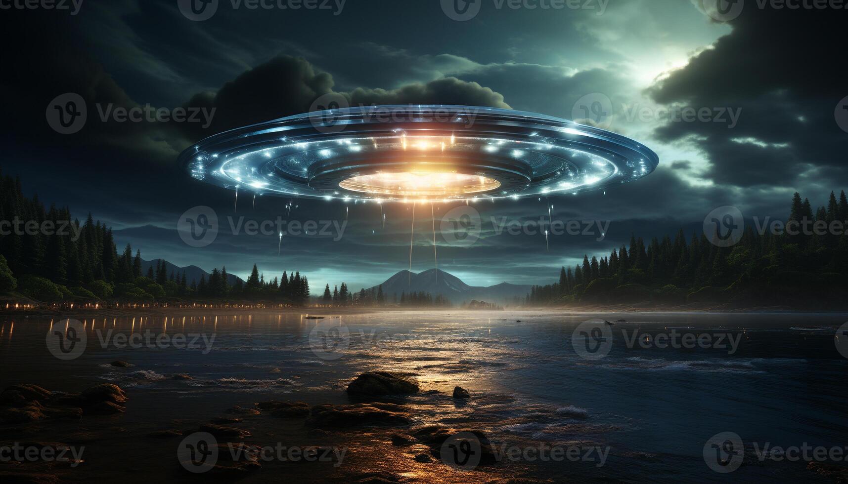 AI generated Futuristic spaceship flies through mysterious alien galaxy generated by AI photo