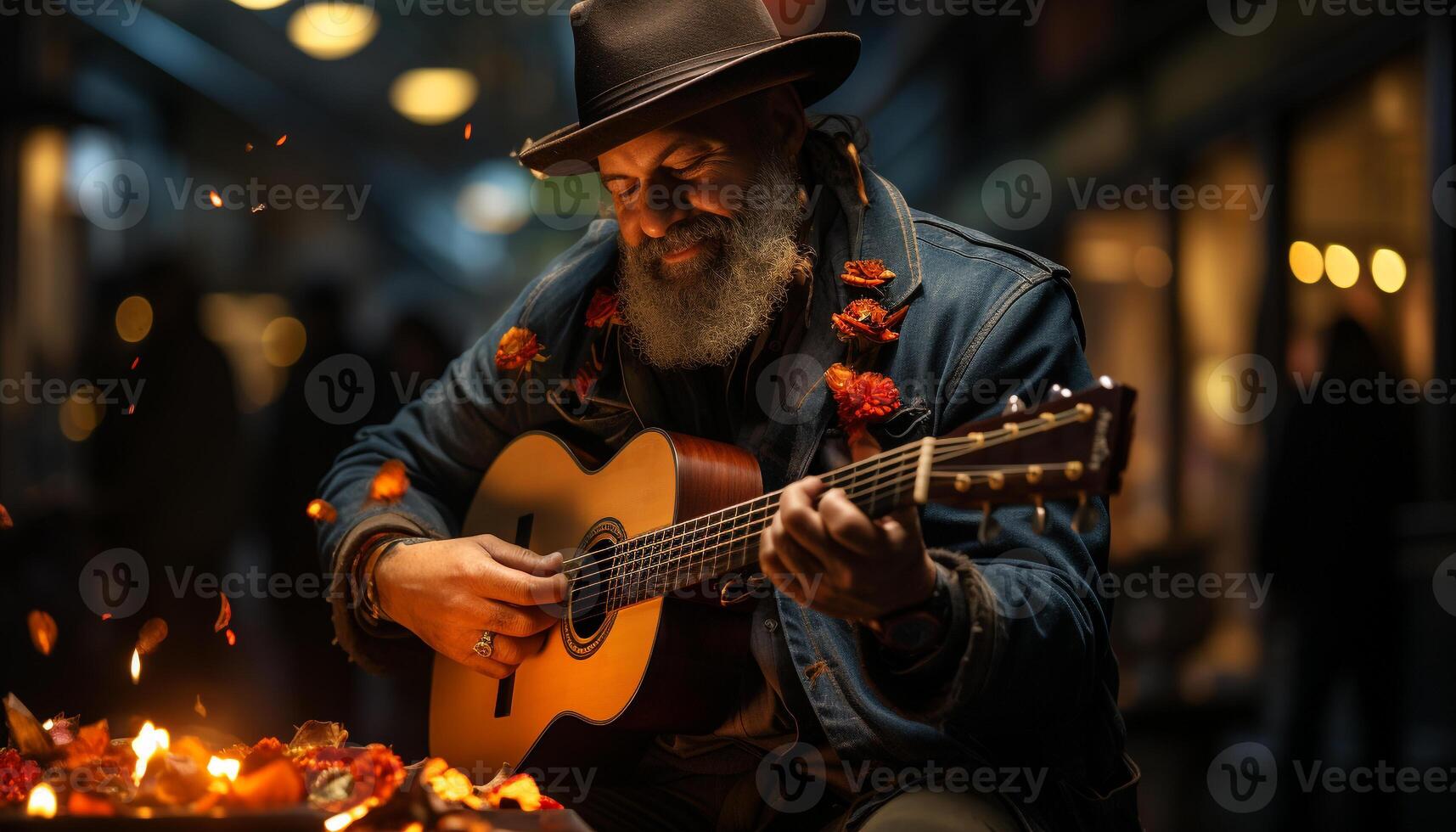 AI generated One man playing guitar on stage at night generated by AI photo