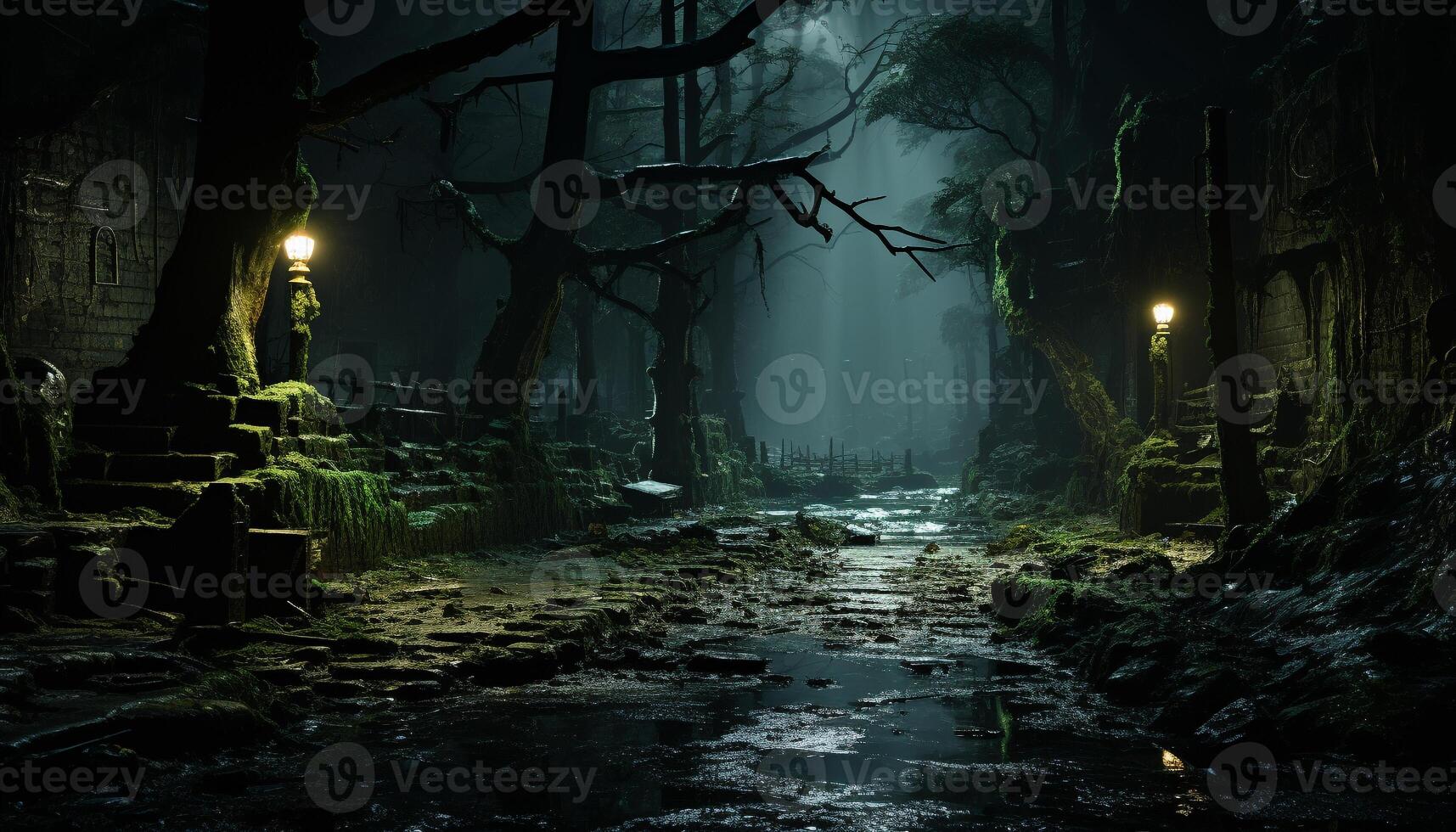 AI generated Spooky forest, dark mystery, evil walking in nature generated by AI photo