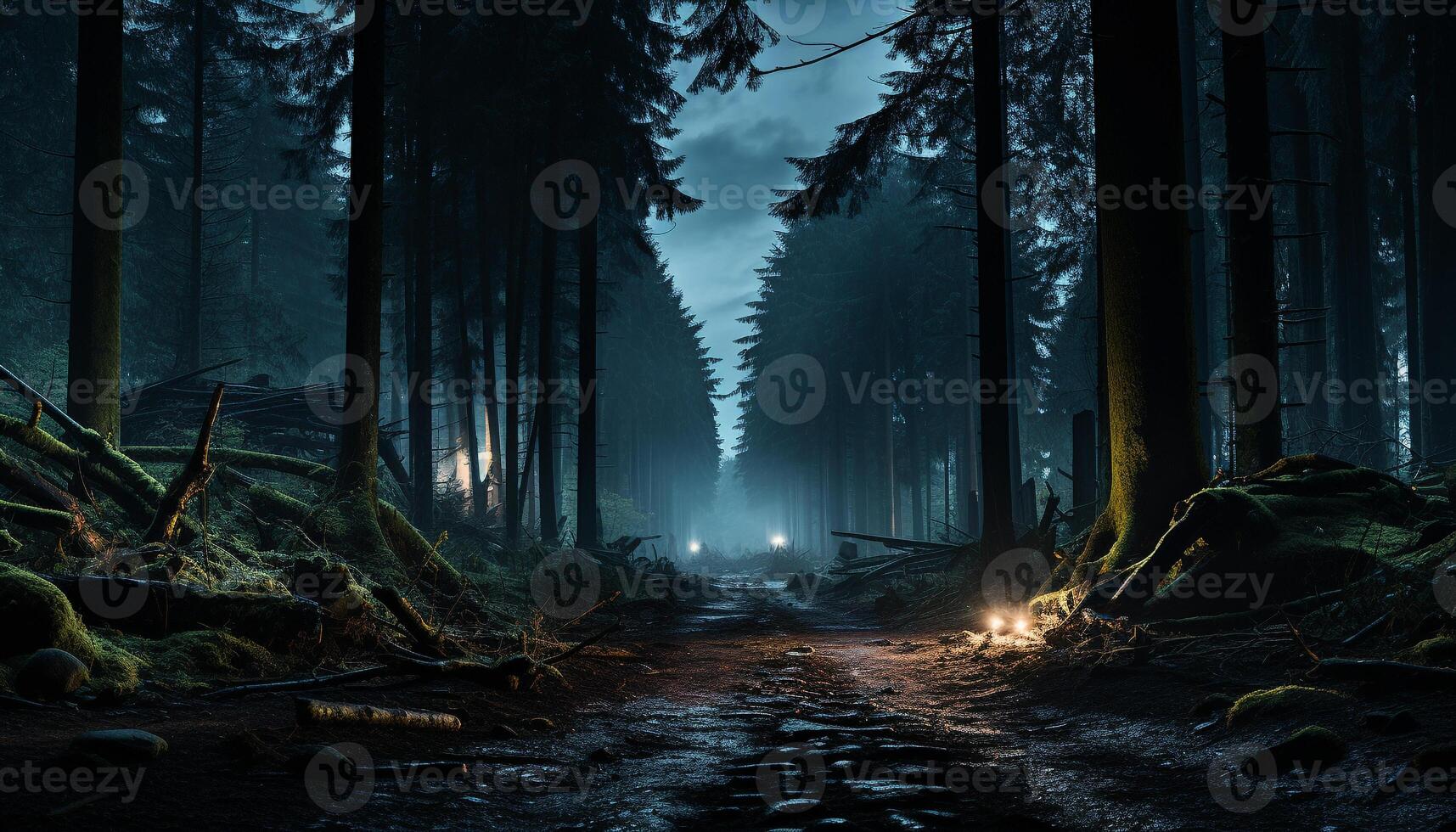 AI generated Spooky forest, dark mystery, foggy night, autumn leaves generated by AI photo