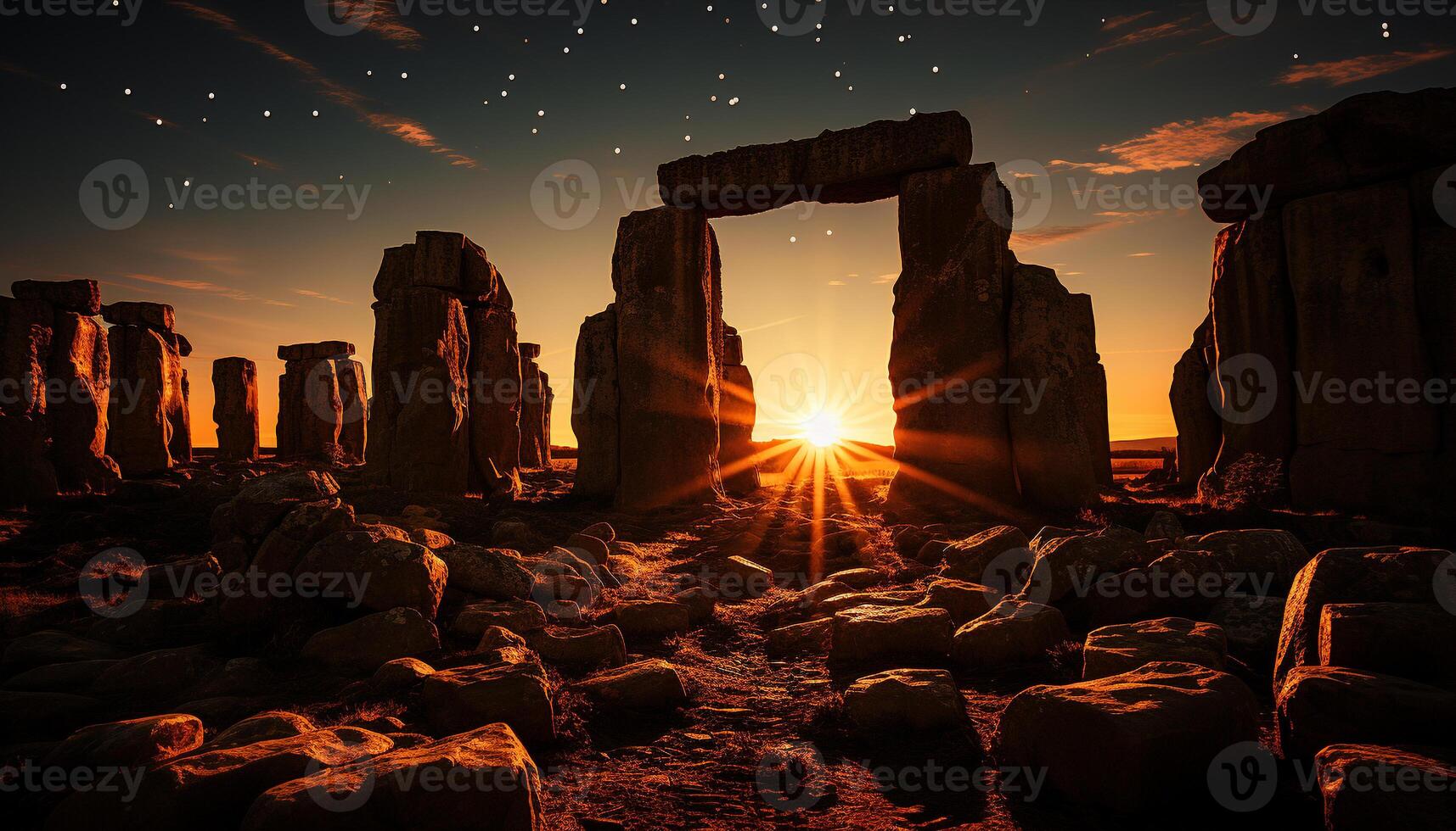 AI generated Majestic sunset silhouettes ancient ruins in tranquil nature generated by AI photo