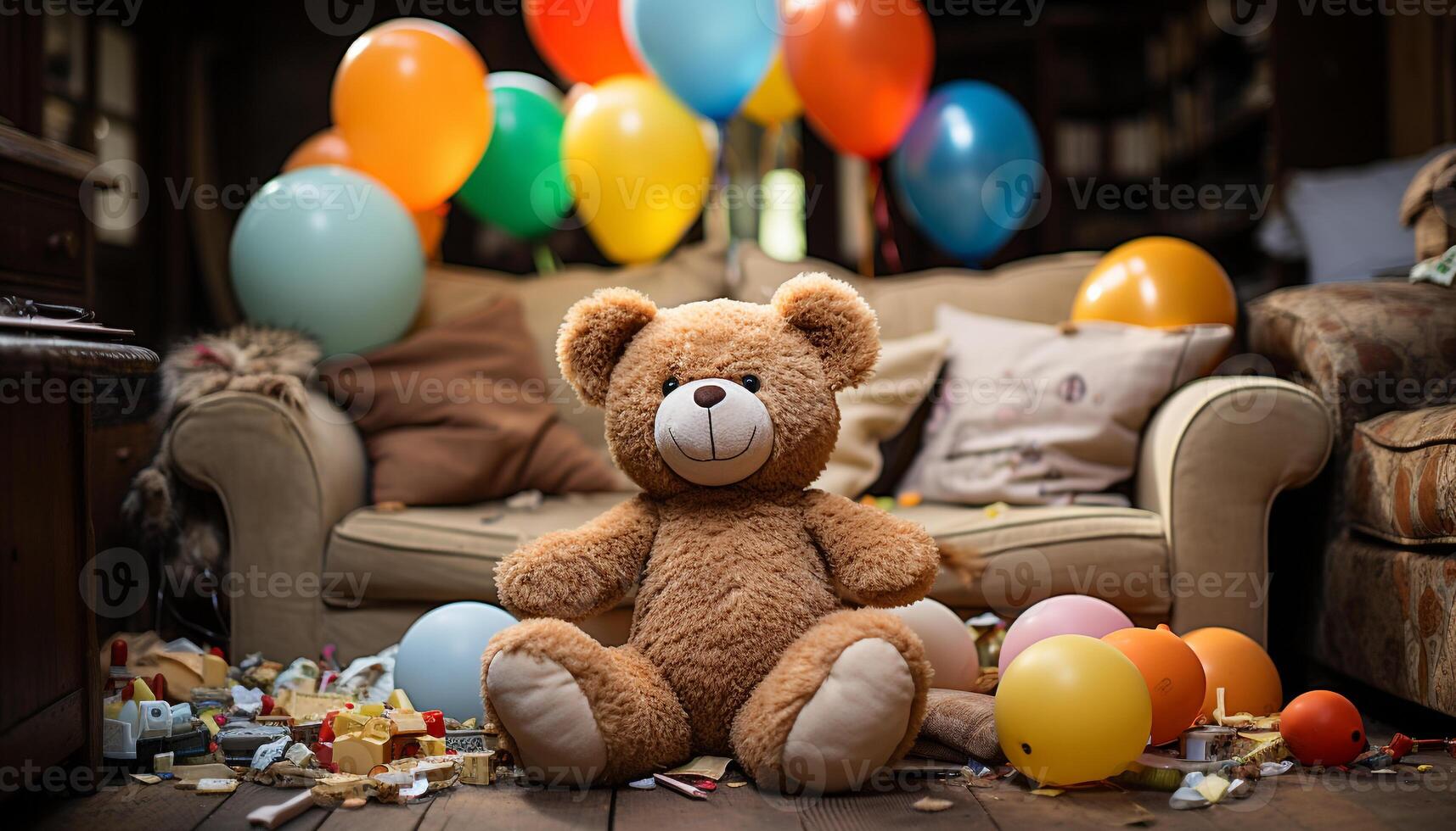 ai generado sonriente niño jugando con vistoso globos a cumpleaños fiesta generado por ai foto