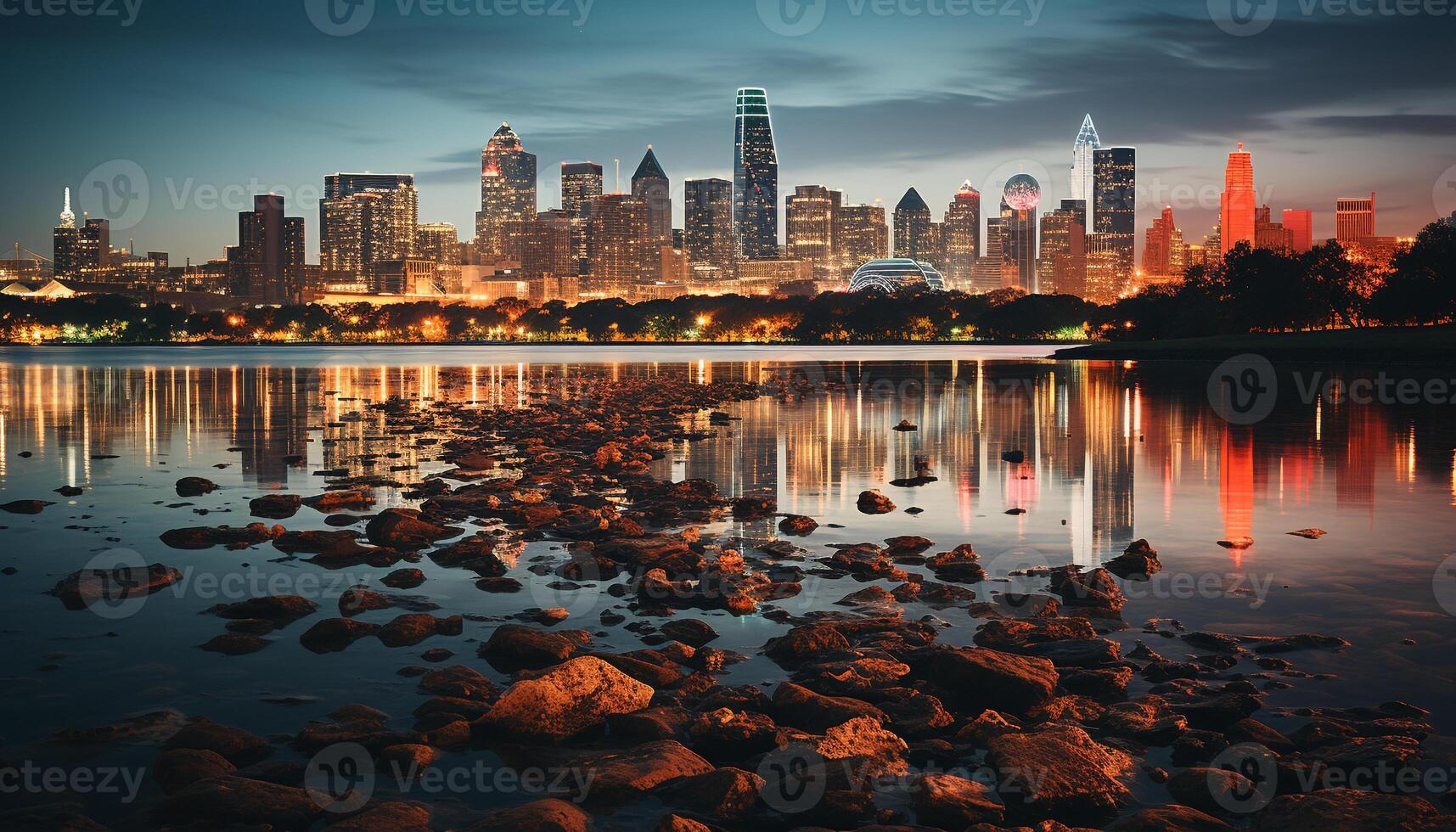 ai generado vibrante ciudad horizonte refleja en tranquilo frente al mar generado por ai foto